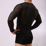 Mens Stripe Undershirt Breathable Slim Mesh Tees Shirt See Through Sheer Long Sleeves T Shirts Sexy Transparent Shirt Underwear