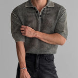 Streetwear Fashion Knit Mesh Polo Shirts For Men Summer Short Sleeve Button Hollow Out Mesh Tops Mens Stylish Short Sleeve Polos