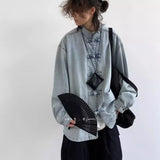Chinese Style Denim Jacket Spring Autumn Denim Jacket Gradient Washed Japanese Casual Large Pocket New Chinese Tang Style Jacket