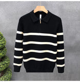 Autumn Winter New Fashion Turn-down Collar Half Zipper Long Sleeve Pullovers Men's Clothing Striped Knitting All-match Chic Tops