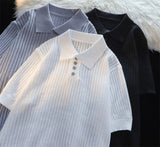 T-shirts for Men Hollow Out Summer Turn-down Collar Short Sleeve Solid Lightweight Korean Style Button Knitted Commuting Casual