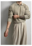 New Korean Fashion Men Polo Sweater Light Luxury Knitted Solid Color Long Sleeve Pullover Premium Quality Skin-friendly Knitwear