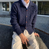 Korean Jacquarded Cardigan Coat Light Luxury Knitted Lapel Long Sleeve Men Sweater Jackets Autumn Leisure Premium Knitwear M-3XL