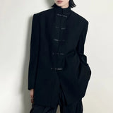 New Chinese Style Suit Men's Niche Design Traditional Button Stand Collar Jacket Black Straight Wide Shoulder Coats Ruffian Cool