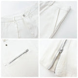 Hip Hop Vibe Heavy Functional Cargo Trousers for Men Fashionable Rivets Zipper Split Adjust Micro Flare Pants White Male Clothes