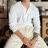 Korean Henry Collar T-shirt Fashion Men Luxury Solid Color Long Sleeve Tops Leisure Light Business Fall Casual Basic Shirt M-3XL