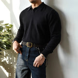 American Leisure Men Polo Shirt Luxury V Neck Knitted Solid Color Fitness Pullover Casual Slim Sports Long Sleeve Knitwear M-3XL