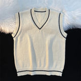 Sweater Vest Men Spring V-neck Japanese Vintage Striped College Knitted Fashion Loose All-match Ins Sleeveless Simple Clothing