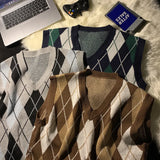 Men Sweater Vests Plaid Autumn Winter Retro Loose Couples Sleeveless Knitted Tops Chic V-neck Korean Style Soft Ins Casual Male