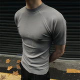 Sports Fitness Mens Slim Ribbed T Shirt Summer Casual Solid Color Knit T-shirts For Men Fashion Short Sleeve Mock Neck Tops