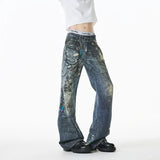 Jean Men Unique Design Graffiti Street Style Drag Jeans Urban Trendy Fashion Distressed Long Fit Casual Denim Pants Edgy Hip Hop