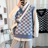 Sweater Vest Men Daily Spring New All-match Students Simple Plaid Fashion Korean Style Knitting V-neck Popular Soft Retro Ins