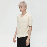 Niche Design Men's T-shirt Turn-down Collar Contrast Color Knitting Hollow Out Short Sleeve Single Breasted Male Tee