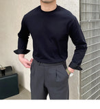 New Autumn Fashion Men T-shirt Light Luxury Solid Color Long Sleeve Tops Leisure Streetwear Casual O Neck Basic Shirts M-3XL