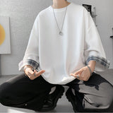 men t shirts Summer Men's T-shirts Women Oversized 2XL Korean Style Loose Plaid T-shirt Casual Seven sleeves T-Shirt Male White