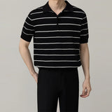 Men's Clothing Light Luxury Business Striped Polo Shirt Casual Slim-fit Knitted Short Sleeve T-shirt High Quality Patchwork Tops