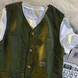 Summer Workwear Vest Men Hong Kong Style High Street Outfit Casual Hip-hop Waistcoat Versatile Loose Sleeveless Jacket
