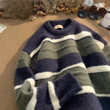 Vintage Striped Sweater Men's Book Winter Contrasting Lazy O-neck Knitted Sweater Youth American Base Pullover Men Clothing