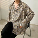 Spring Summer New Cashew Flower Print Shirt Korean style Loose Casual Long-sleeved Tee Tops All-Match Blouse Men