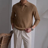 Men's American Retro Polo Sweater Luxury Trendy Business V Neck Knit Solid Color Pullover Leisure Slim-fit Long Sleeve Knitwear