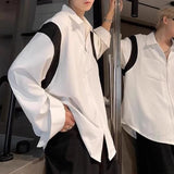 Men Trendy Contrast Color Casual Streetwear Oversized Zipper Shirts Y2K Harajuku Long Sleeve Pocket Chic Tops Camisas De Hombre