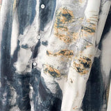 Men Trendy Vintage Ink Wash Tie Dye Print Lapel Button Up Shirt Y2K Harajuku Streetwear Long Sleeve Loose Tops Camisas De Hombre