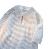 T-shirts for Men Hollow Out Summer Turn-down Collar Short Sleeve Solid Lightweight Korean Style Button Knitted Commuting Casual