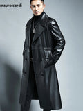 Spring Autumn Long Cool Waterproof Black Pu Leather Trench Coat Men Double Breasted Plus Size Outerwear 4xl 5xl