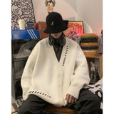 Striped Plush V-neck Sweater Men's Loose Casual Brushed Knit Trendy Couple Versatile Comfortable Harajuku High Street Cardigan