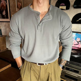 Korean Henry Collar T-shirt Fashion Men Luxury Solid Color Long Sleeve Tops Leisure Light Business Fall Casual Basic Shirt M-3XL