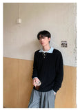 Fashion Patchwork Men Polo Sweater Light Luxury Japanese Popular Knitwear Premium Quality Long Sleeve Pullover Trendy Streetwear