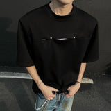 Patchwork Summer T-shirts Round Collar Double Button Korean Structure Striped Short Sleeve Shoulder Padded Male Tees