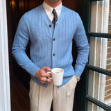 New Spring and Autumn Senior Rascal Handsome V-neck Slim Fit Pit Strip Long Sleeve Casual Solid Men's Sweater Cardigan