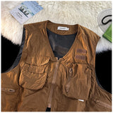 American Outdoor Multi-function Short Vest Jacket Basic Commuting Versatile Vest Cityboy Workwear Waistcoat Aesthetic Urban Chic