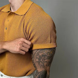 Stylish Mens Slim Polo Shirts Spring Summer Casual Solid Color Waffle Short Sleeve Polos Men Trendy Buttoned Polo Collar Shirt