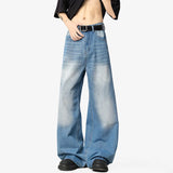 Korean Style Men's Jeans Washing Contrast Color Wide Leg Trousers Cleanfit Straight Loose Male All-match Denim Pants