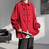 Men's Dial Buckle Solid Long Sleeve Shirt Chic Pleated Decor Spring New Loose Casual Traditional Chinese Style Clothing