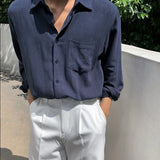 Men's Clothing Light Luxury Korean Popular Linen Shirts Streetwear Long Sleeve Solid Color Retro Leisure Thin Pocket Blouse