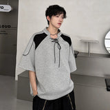 Drawstring Stand Collar Men's Tees Summer Short Sleeve Patchwork Contrast Color T-shirt Personality Top New Stylish