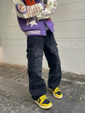 Cyber Y2K Streetwear Multi Pockets Baggy Jeans Cargo Pants For Men 90S Vintage Clothes Washed Black Cotton Long Trousers