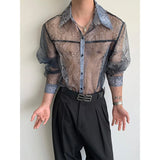 Summer Long Sleeved Shirt Men Fashion Society Mens Dress Shirt Korean Loose Thin Casual Shirt Mens Transparent Shirts M-2XL
