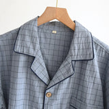 Men's Trousers Pajamas Set for Spring and Summer Thin Plaid Design Cotton Fabric Short Sleeved Long Pants Home Men Pyjama Set