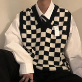Sweater Vest Autumn New Loose Men's Checkerboard Plaid Vintage V-neck Sleeveless Knitted Vests Color Contrast Casual Sweaters