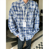 Tie Dye Long Sleeved Shirt Men Retro Plaid Shirt Men Japanese Streetwear Loose Casual Shirts Mens Fashion Shirts Large Size 5XL