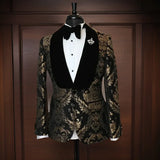 Floral Male Blazer for Men Suit Slim Fit Shawl Lapel Velvet Smoking Jacket 1 Piece Jacquard Fashion Coat