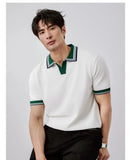 New Japanese Trendy Men Polo Shirt Light Luxury Slim-fit V Neck T-shirt Leisure Patchwork Short Sleeve Tops Retro Knitwear M-3XL