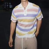 New Trend Hollow Out Men Polo Shirt Leisure High Quality Patchwork T-shirt Breathable Short Sleeve Knitwear American Retro Tops