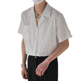 New Trend Men Cardigan Tops Textured Suit Collar Short Sleeve Shirts Leisure Jacquard Shirts for Man Luxury Style Premium Blouse