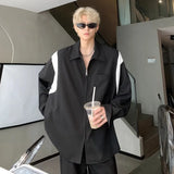 Men Trendy Contrast Color Casual Streetwear Oversized Zipper Shirts Y2K Harajuku Long Sleeve Pocket Chic Tops Camisas De Hombre