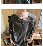 Street Punk Shirt Off-shoulder Hollow T-shirt American 2025 New High-end Style Fashionable Casual Loose Short Sleeves
